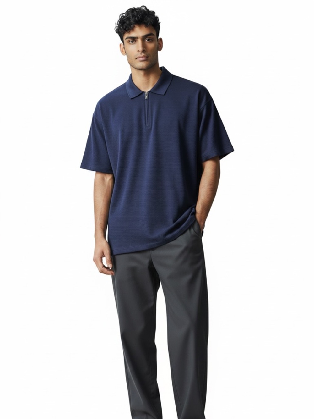 Men's Alfani Navy Blue Ottoman 1/4 Zip Stretch Polyester Polo Shirt Size Lg.